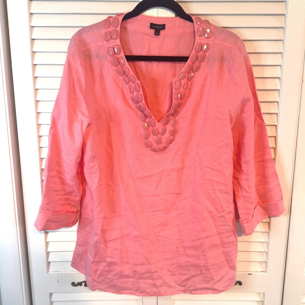 TALBOTS‎ Womens 100% Linen Beaded V-Neck Tunic Top 3/4 Sleeve Coral Pink SZ L